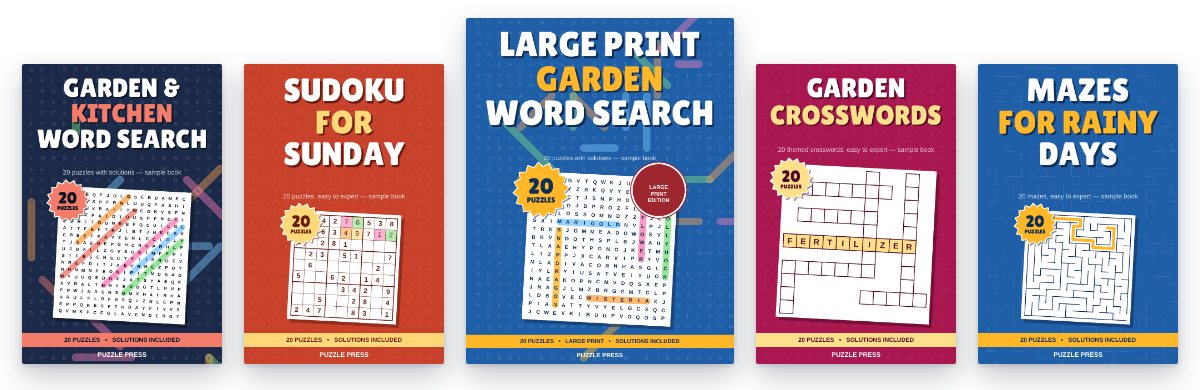 Five front covers made by Puzzle Press: a word search, a sudoku book, a large print word search, a crossword book and a maze book, each with a bold two-colour title, a puzzle-count sticker, one of its own puzzles and a strip reading puzzles and solutions included