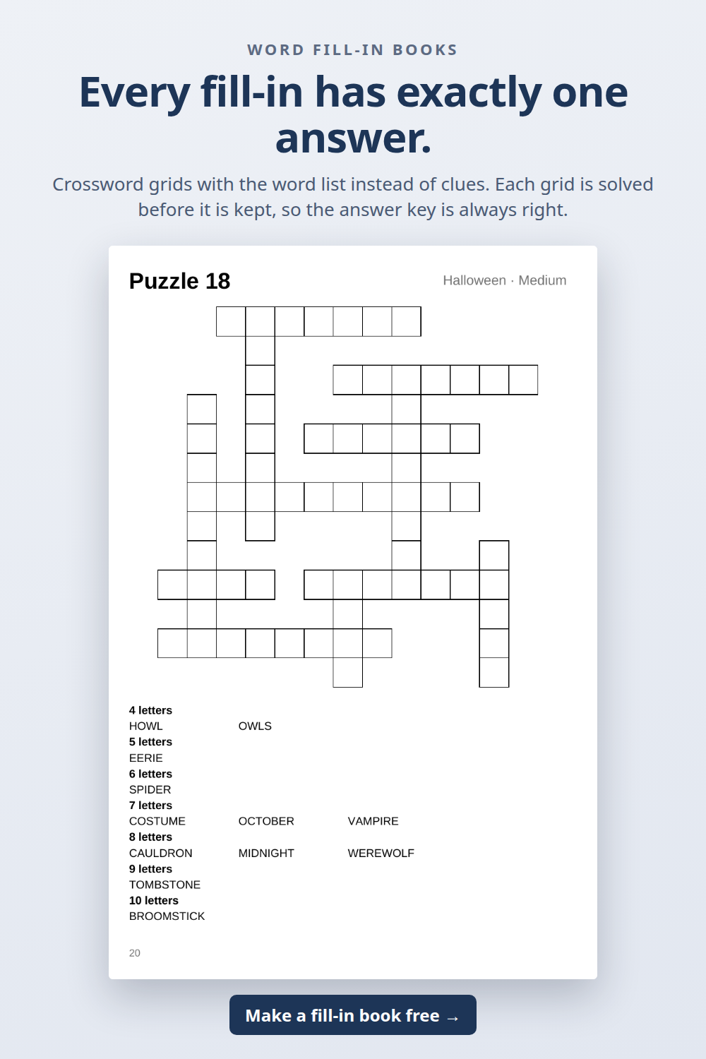 A criss-cross fill-in puzzle page from a generated KDP book