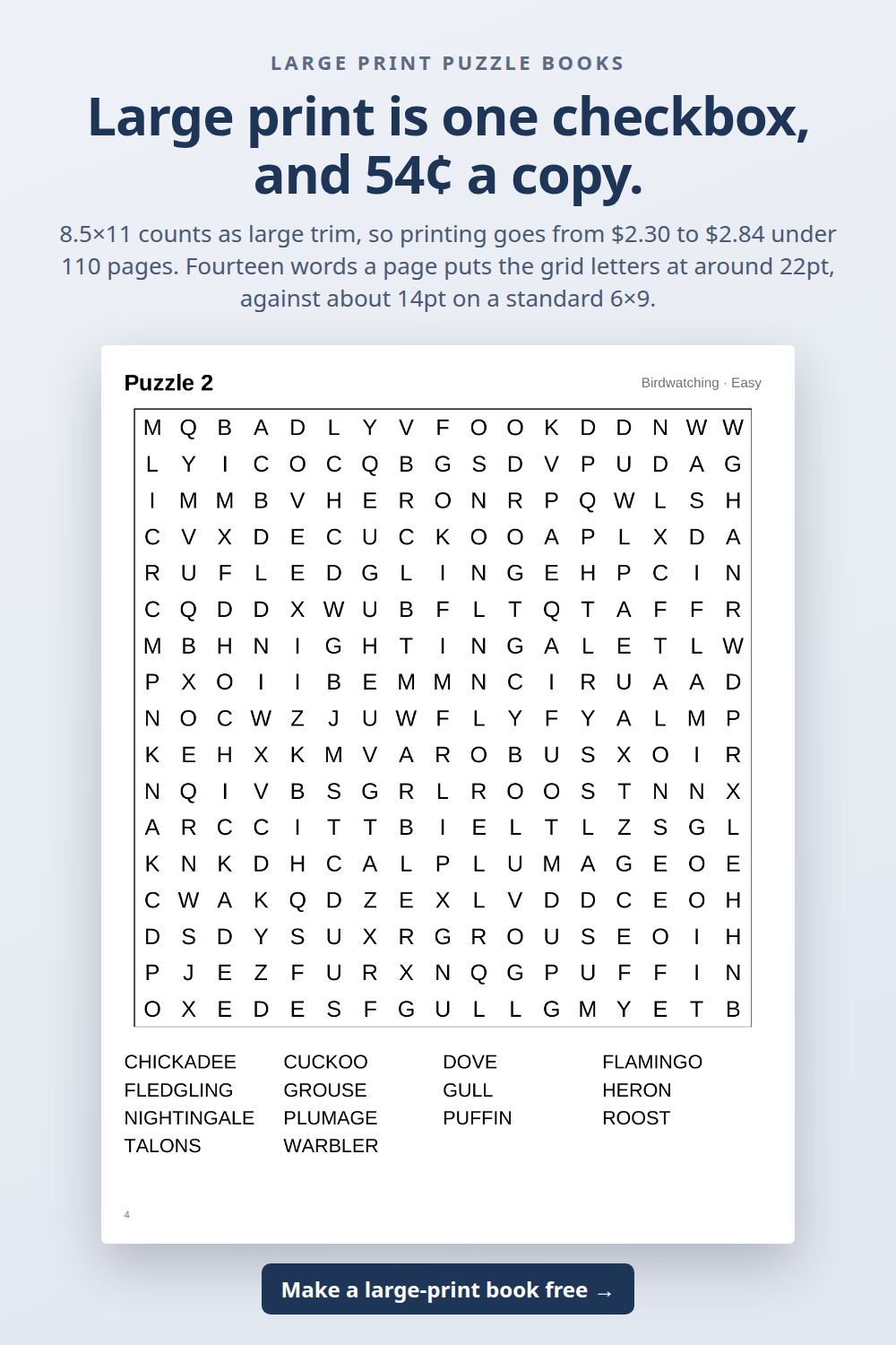 A large print word search page, letters sized for easy reading